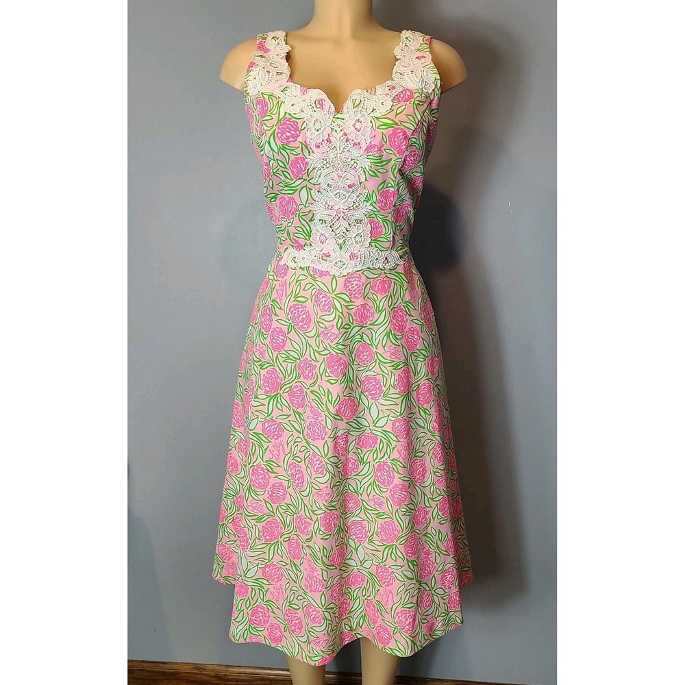 Vintage 70s The Lilly Pulitzer Dress Women 10 Pink Green Midi Basque Waist Retro